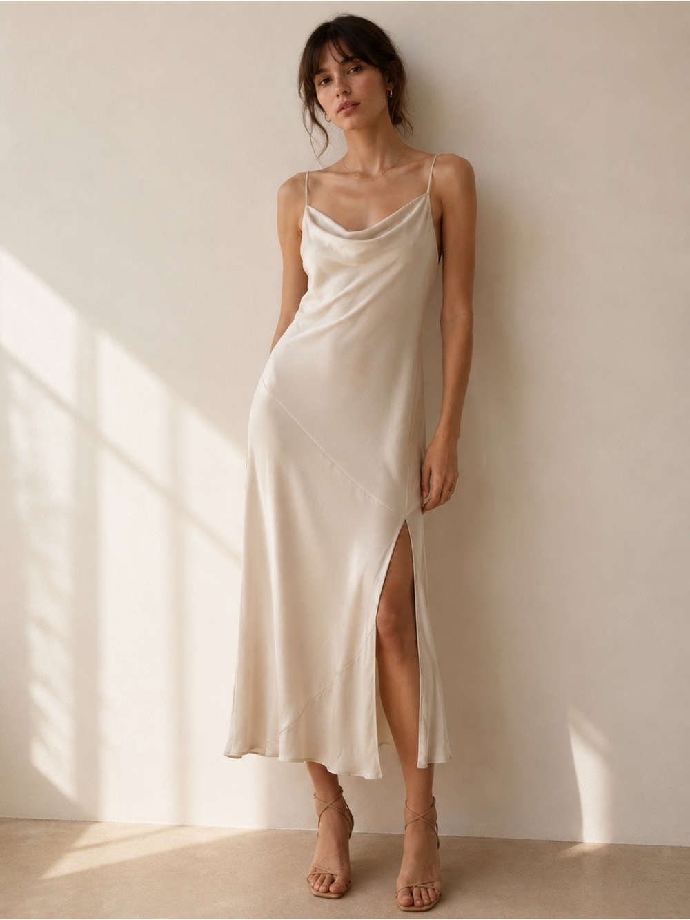 Babaton Aritzia Fonda Dress Satin Cowl Neck Cream Effortless Minimalist Large